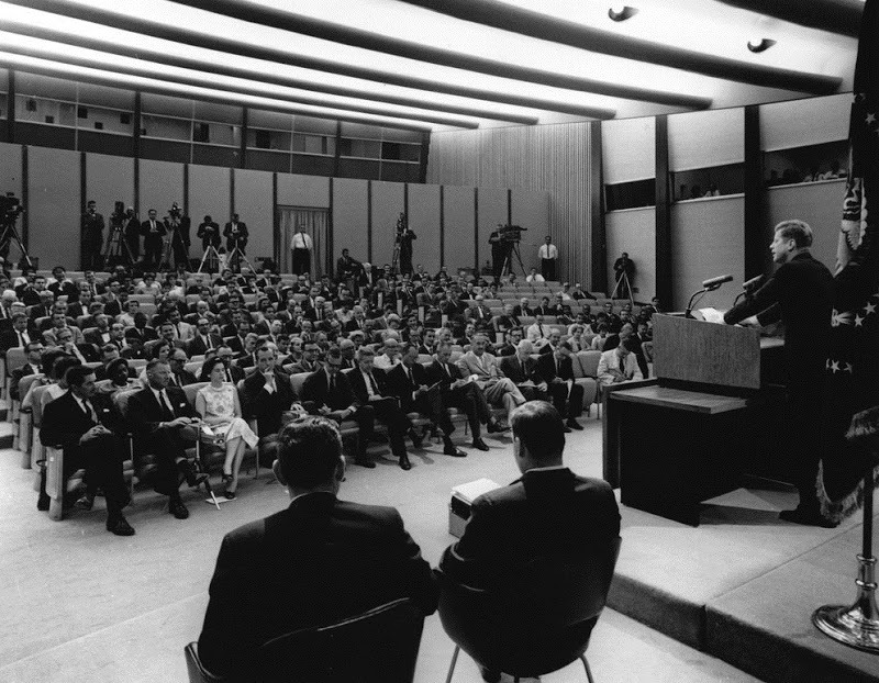 President John F. Kennedy at a press conference on August 29, 1962; he announced the retirement of Supreme Court Associate Justice Felix Frankfurter and the appointment of Arthur Goldberg to replace him; in questions, he was asked about DDT and Rachel Carson's book, Silent Spring.  