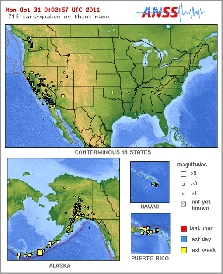 USGS animation of quakes in US for week ending Nov 6, 2011, afternoon