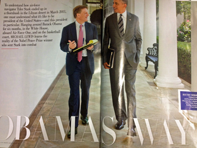 Michael Lewis and President Barack Obama walk the White House breezeway during interviews for the article in the photo; image from the article in the magazine, October 2012